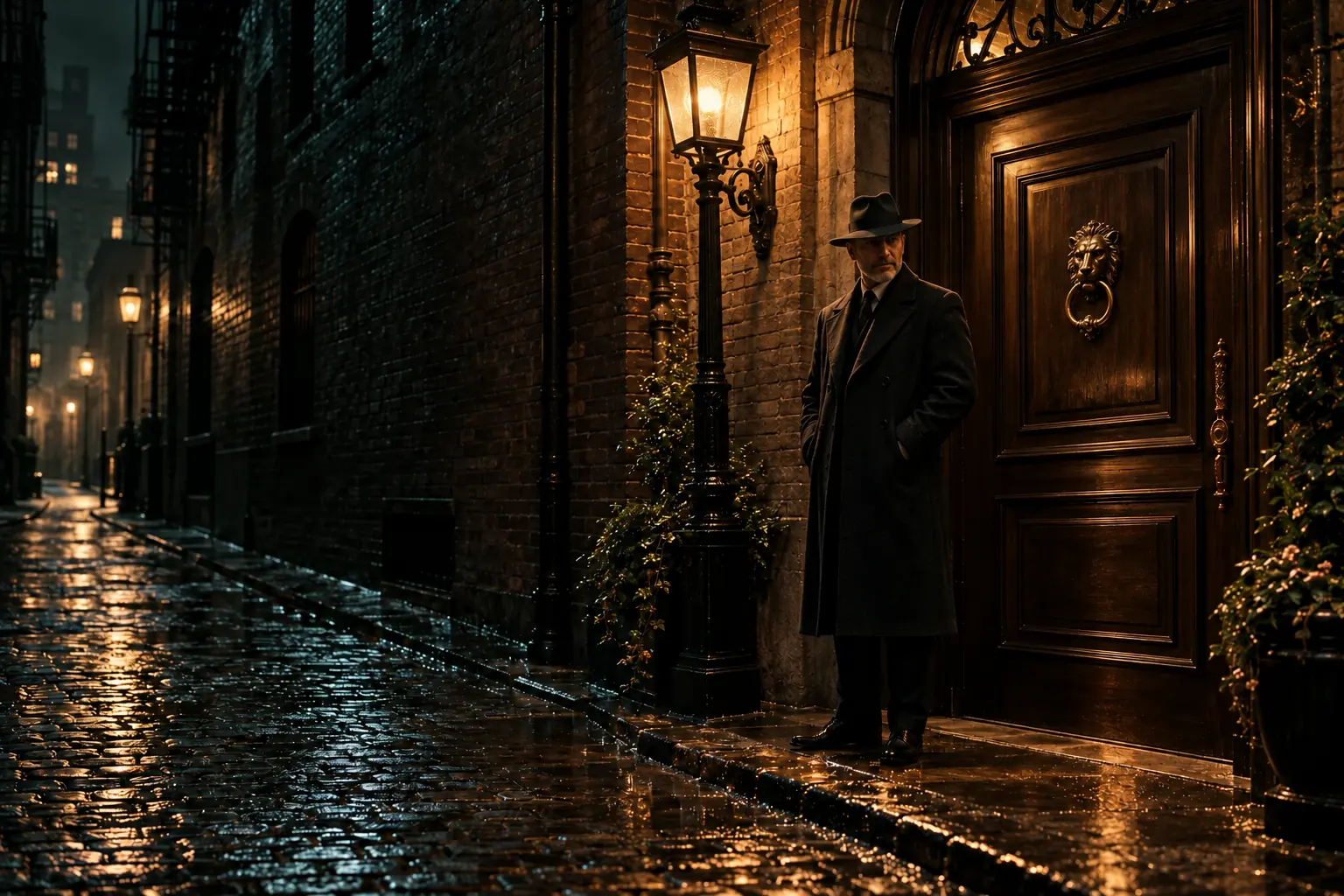 A fictional doorman in a fedora and wool trench coat stands in warm lamplight beside a concealed walnut door with an aged-brass lion-head knocker in a rain-darkened New York alley.
