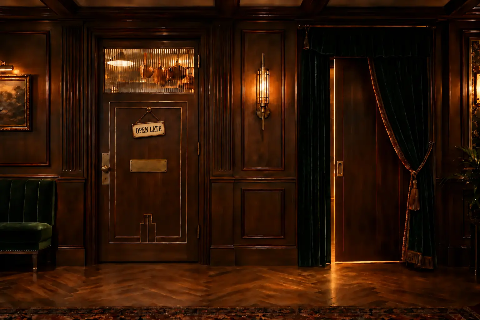 Inside one continuous walnut-paneled speakeasy: a brass-trimmed Kitchen door with warm light and copper cookware behind ribbed glass on the left; a recognizable concealed door partly covered by dark emerald velvet with subtle amber light on the right; a small, slightly slanted aged-ivory OPEN LATE sign hangs from fine chains on the Kitchen door at eye level, above its centered brass Kitchen label at handle height.
