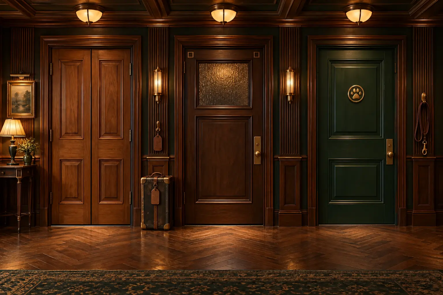 A continuous walnut speakeasy corridor: warm Home doorway beside a picture and shaded lamp, hotel-style Travel doorway beside a steamer trunk, and emerald Pets doorway with brass paw hardware and a leather lead.