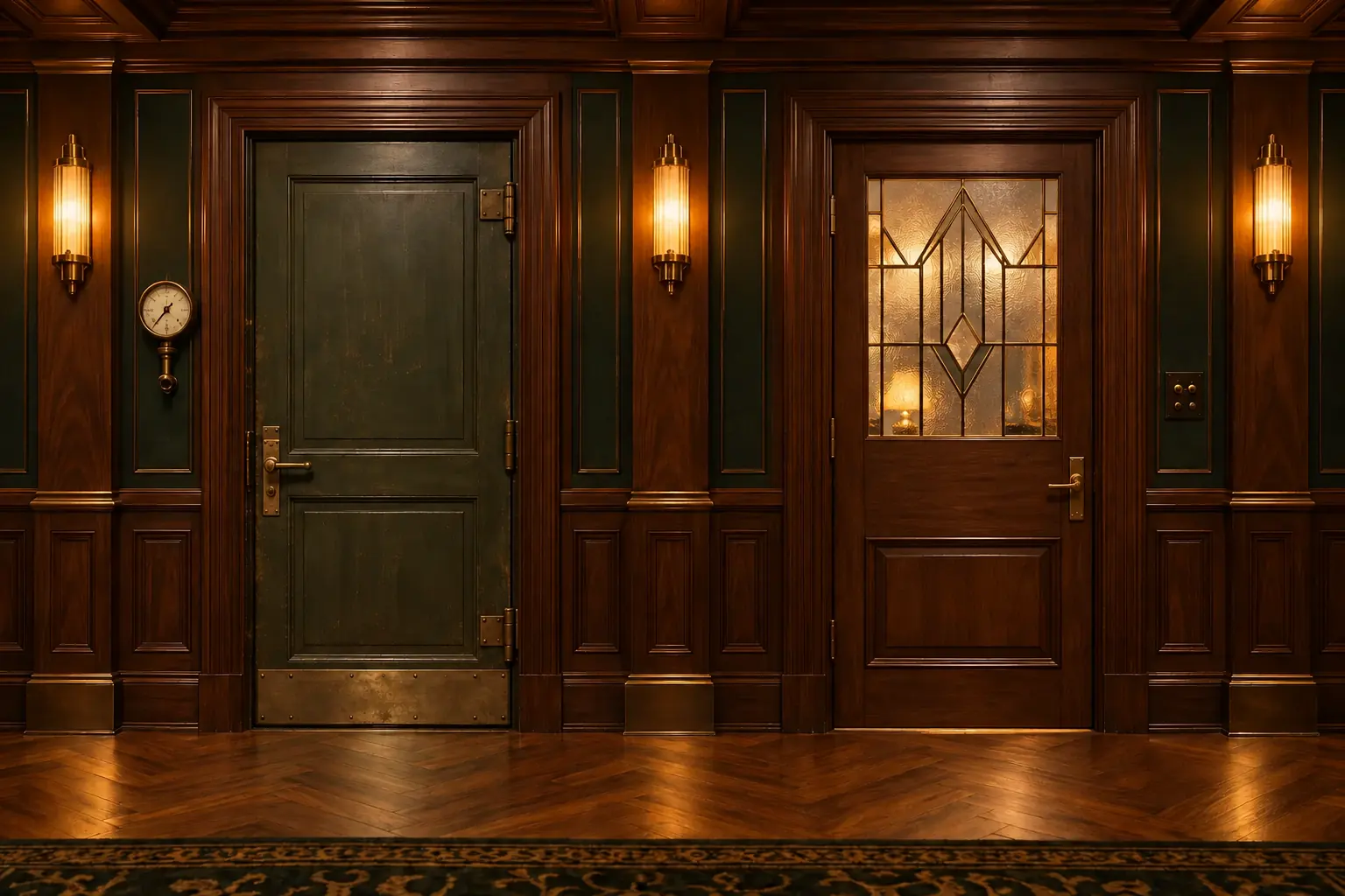 A connecting walnut passage with an olive service door for Garage, aged hardware and a mechanical gauge; beside it, the Gadgets entrance has geometric brass and frosted glass with period switches.